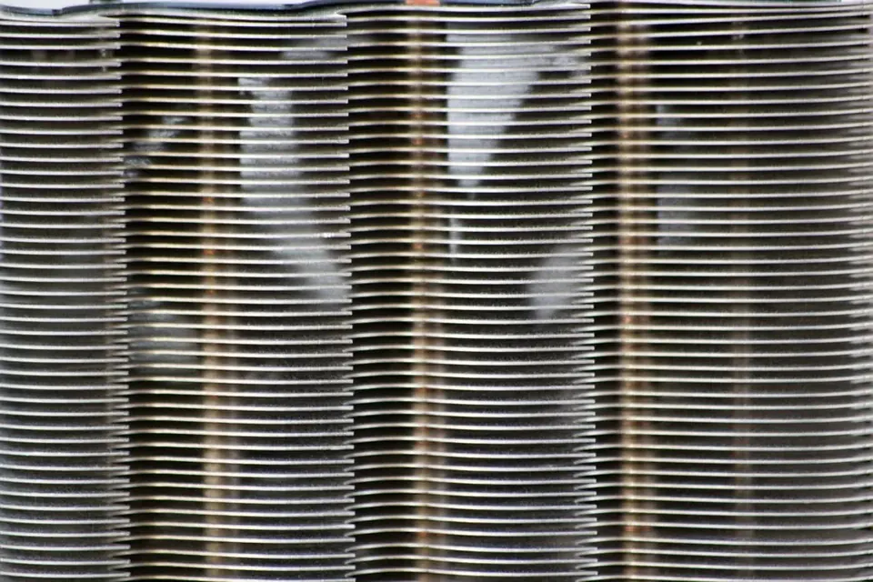 Close-up of the thin metal fins of a CPU heatsink